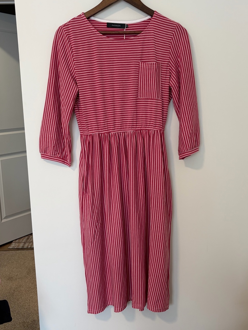 Striped Red Pleated Summer Midi Dress with Chest Pocket Medium